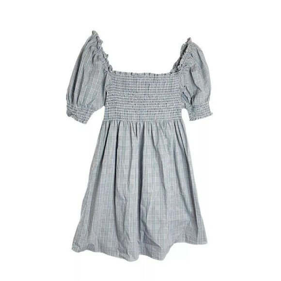 Hill House Athena Gray Blue Plaid Check Puff Sleeve Smocked Mini Nap Dress Small - Picture 3 of 8